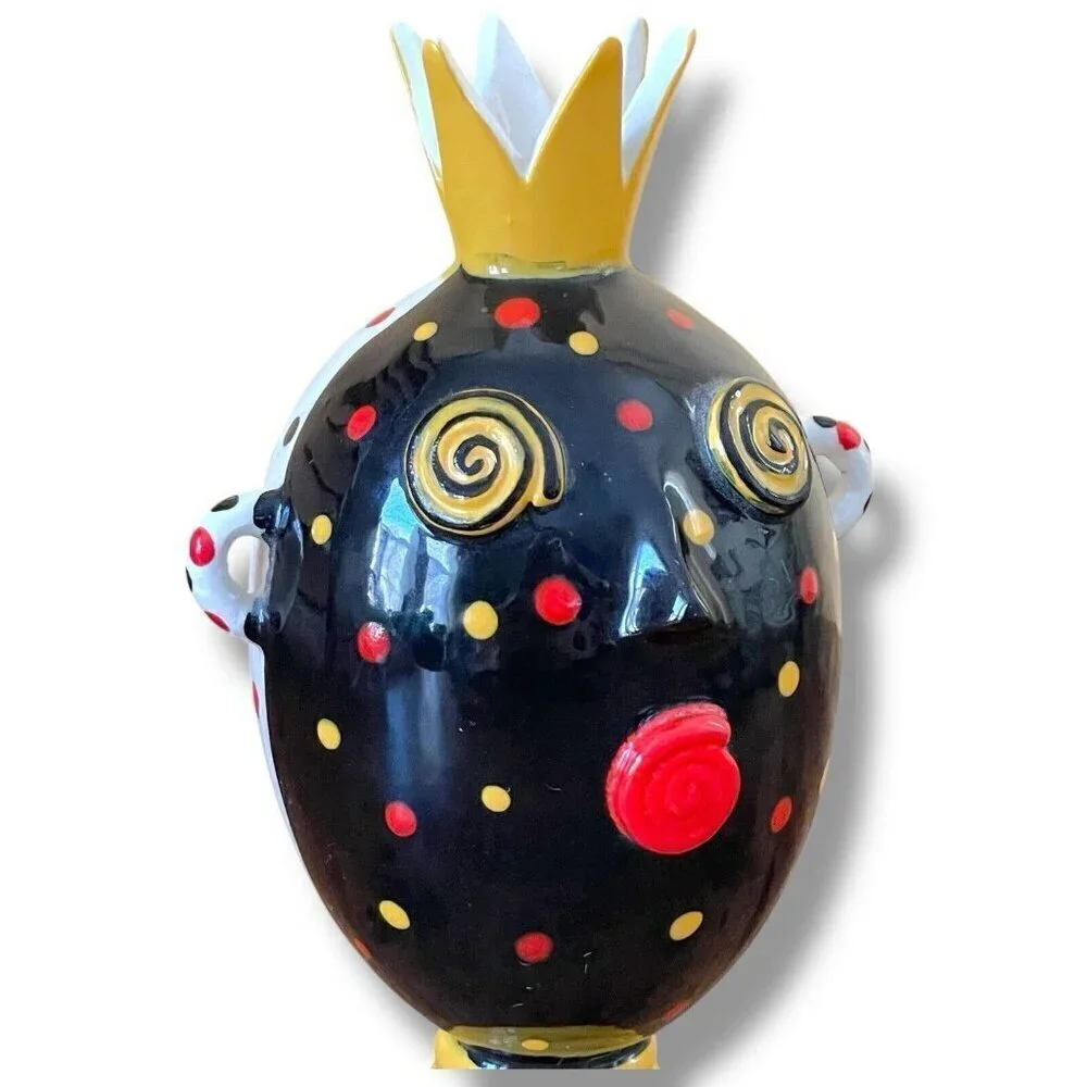 Anita Griffith Art Pottery Bud Vase Whimsical Face with Crown Polka Dot Signed